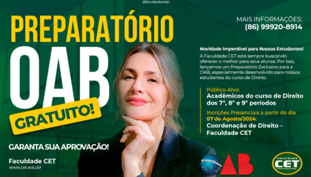 Faculdade CET promove mais uma vez excelência no ensino, oferecendo preparatório exclusivo para a OAB, um diferencial significativo e altamente relevante para os nossos acadêmicos de direito.